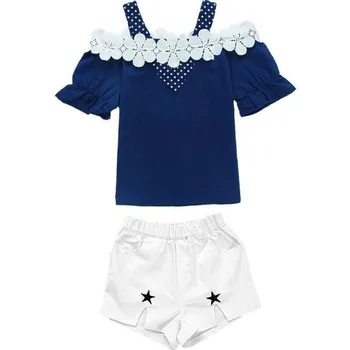 Dziewczyny zestawy lato nowe dziecko dzieci moda Shoulderless koszulka + krótkie spodnie 2szt dziewczyny odzież Stroje cute stroje 6 8 10 12 lat