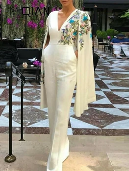 Długie spodnie kombinezon,suknia, sukienka,biały kombinezon,kombinezony z V-neck Dubai Gown,długi kombinezon z haftem