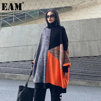 [EAM] duży rozmiar kontrastowy kolor na drutach golf luźny sweter z długim rękawem kobiety nowa moda przypływ jesień zima 2021 1DD2254