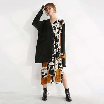 [EAM] Women black pattern printed irregular big size Dress New V-neck z długim rękawem Loose Fit Fashion wiosna jesień 2021 1Y42401
