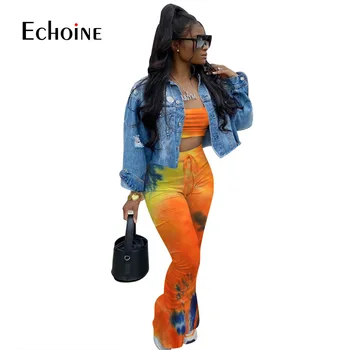 Echoine lato tie-dye drukowania kobiety sexy bez ramiączek crop top flare split spodnie garnitur dwuczęściowy zestaw sportowy zestaw