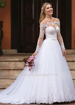 Elegancki tiul z otwartymi ramionami dekolt v suknie ślubne z koronkowymi aplikacjami długie rękawy suknia ślubna suknia ślubna