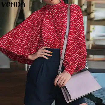 Eleganckie biurowe koszule damskie plisowana bluzka z kołnierzem 2021 VONDA Vintage z długim rękawem z nadrukiem topy Femininas Plus Size