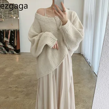 Ezgaga z dwóch części zestaw damska V-neck sweter sweterek i temat koronki patchwork spaghetti pasek sukienka elegancki koreański moda Sexy