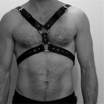 Fetysz mężczyźni pas piersiowy seksowna skórzana ciało bondage regulowany pasek na pierścień samouszczelniający o przekroju okrągłym jest podłączony erotyczny, BDSM impreza bielizna gotycki gej pasek