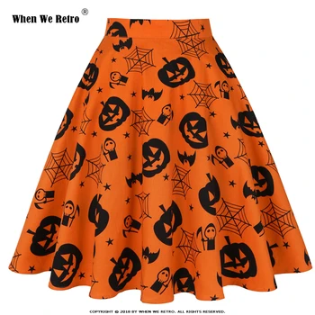 Flare A Line spódnice damskie faldas VD0020 pomarańczowy dynia nietoperz, Pająk drukowanych stare bawełniane spódnice Halloween party kobiet spódnica