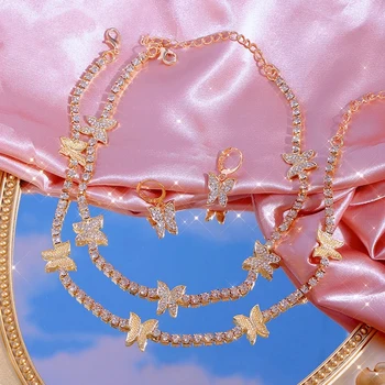 Flatfoosie luksusowy Kryształ motyl naszyjnik Naszyjnik dla kobiet złoty srebrny kolor rhinestone stołowego łańcuch naszyjnik biżuteria ślubna