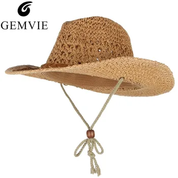 GEMVIE kowbojski kapelusz letnie kapelusze dla mężczyzn dla kobiet prasowana słoma tkane szerokie pola hollow, słomkowy kapelusz wiatr smycz unisex plaża słońce kapelusz
