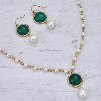 GuaiGuai biżuteria, naturalny, 13 mm perła zielony nefryt kamień CZ naszyjnik kolczyki słodkie zestawy dla kobiet dziewczyna