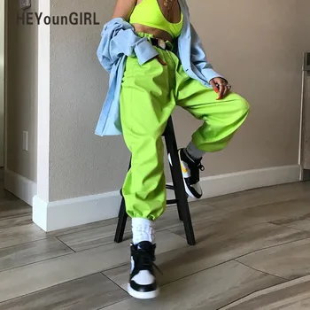HEYounGIRL Codziennych Temat Hip-Hop Spodnie-Cargo Damskie Fluorescencyjne Zielone Harajuku Spodnie Damskie Meble Ubrania Sportowe Spodnie Wiosna 2019