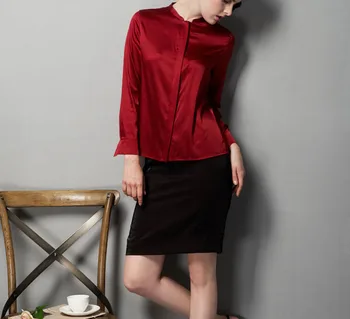 Hitz high-grade mercerized satin silk shirt collar female long sleeved coat lady all-match loose shirt version