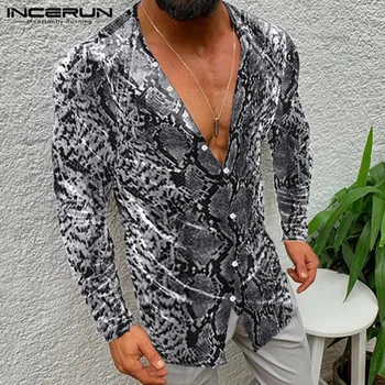 INCERUN Leopard Print Shirt męska odzież uliczna głębokie V-neck Sexy guzik z długim rękawem bluzka Party Fashion casual shirt Men Camisa 2021