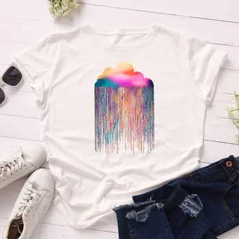 JCGO Summer Women Cotton T Shirt S-5XL Plus Size Colorful Cloud Print Short Sleeve Tees Tops Casual Simple O-neck t-shirty Damskie