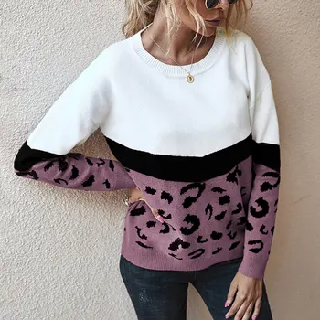 Jesienne swetry Damskie 2020 O-neck casual temat dzianiny bluzki z długim rękawem, modne leopard sweter panie zbyt duży sweter