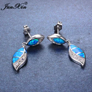 JUNXIN Blue Fire Opal kolczyki moda długie wiszące kolczyki kolor srebrny podwójne kolczyki dla kobiet Kryształ biżuteria