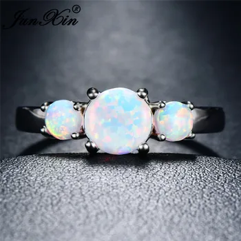 JUNXIN okrągły kamień żeński Biały Ognisty opal pierścień dla kobiet srebrny kolor Tęczy kamień urodzenia pierścionek zaręczynowy biżuteria
