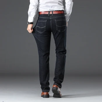 Klasyczny styl męskie grube biznesowych stretch jeans 2019 jesień zima Nowy marka proste spodnie jeansowe czarny niebieski Męskie spodnie