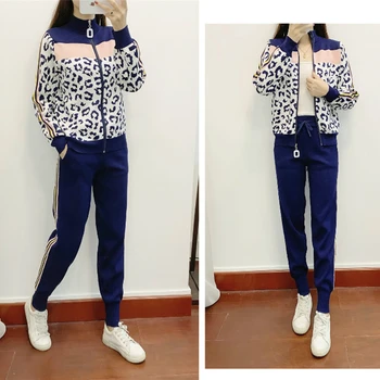 Kobiecy strój sportowy leopard print z dzianiny sweter na zamek bluzki+spodnie komplet 2 szt. zestawów z długim rękawem kurtka płaszcz kobieta casual sweter spodnie kostiumy
