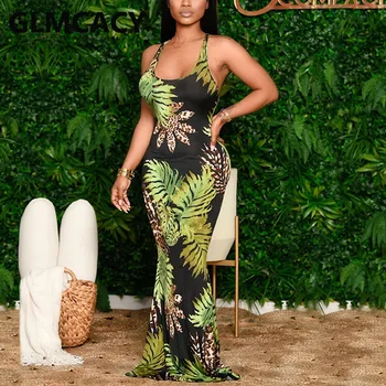 Kobiety Bez Rękawów Vinatge Tropikalne Drukowane Maxi Sukienka Boho Beach Codzienne Długie Letnie Sukienki