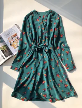 Kobiety serek zielona mini sukienka kwiatowy print z długim rękawem casual vintage Lady krótka sukienka z Saszetki 2020 nowy