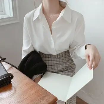 Koreańska biała damska koszula 2020 modna elegancka, bawełniana biurowa bluzka z długim rękawem biały damskie topy i bluzki odzież Damska