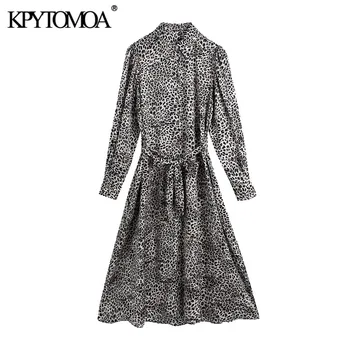 KPYTOMOA Women 2021 Chic Fashion With Belt Leopard Print Midi Dress Vintage Long Sleeve Button-up sukienki damskie Vestidos Mujer