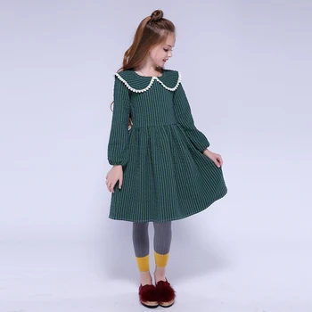 Kseniya Kids Party Dress For Girls 8 10 Bawełnianej Koronki Koszulka W Paski Z Kołnierzykiem Peter Pan Girl Dress Z Długim Rękawem Odzież Zimowa Dla Dziewczyn Gruba