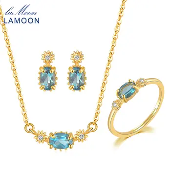 LAMOON Vingtate 925 Silver Jewelry Set For Women Star Natural London Blue Topaz 14K pozłacane biżuterii Brithday Gift V076