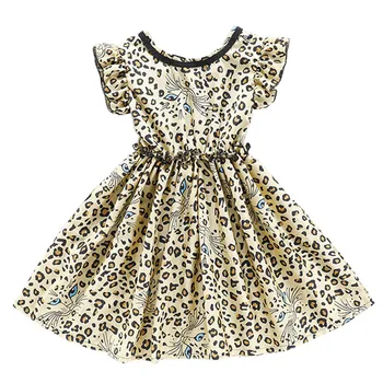 Lato Casual Baby Girls Flare Rękawem Leopard Dress Bawełna Dzieci Dziecko Sukienkę