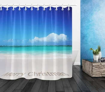 LB 3d Clear Tropical Beach And Merry Christmas text in the Sea Sand Shower Curtain Mat Bathroom Fabric For Bathtub Decor