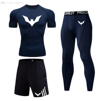 Letni fitness mężczyzna-garnitur Mięśni koszula + legginsy + spodenki mężczyźni bieganie odzież sportowa MMA strój sportowy szybkoschnący odcinek strój sportowy