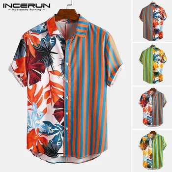 Letnia moda mężczyźni hawajska koszula print paski patchwork z długim rękawem bluzka plażowa 2021 meble ubrania luksusowy wypoczynek Camisa INCERUN
