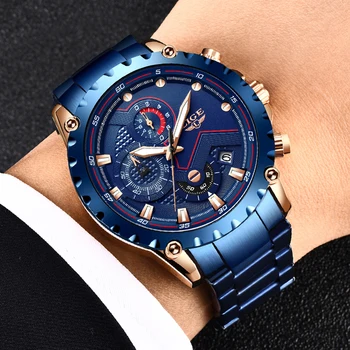 LIGE new Blue Stainless Steel Business moda zegarki męskie LG9821 klasyczny chronograf kwarcowy zegarek Męskie zegarki sportowe Relogio Masculino