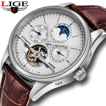 LIGE Reloj Automatico męski zegarek Tourbillon zegarek mechaniczny zegarek sportowy zegarek skórzany pasek zegarka dorywczo biznesowych retro zegarek