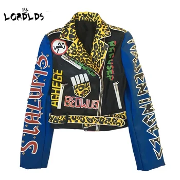 LORDLDS damska skórzana kurtka nowa ulica motocyklistów punk styl panie Moto drukowanych Kurtki płaszcze i kurtki dla kobiet