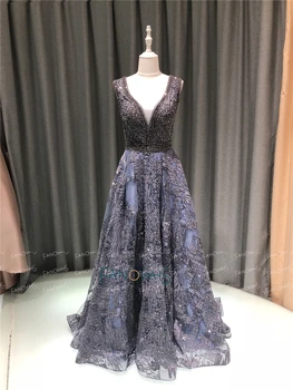 Luksusowa suknia wieczorowa 2020 A-Line V-neck Kryształ zroszony sukienka długa koronkowa suknia ślubna Vestido de Fiesta NE68