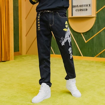 Lyprerazy moda męska znak chiński smok haft dżinsy japoński, męski proste dżinsy denim spodnie długie spodnie