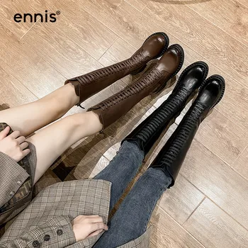 Marka ENNIS czarne buty do kolan buty Martin ze skóry naturalnej damskie motocyklowe buty sznurowane zimowe buty z kwadratowym czubkiem brązowy L4A