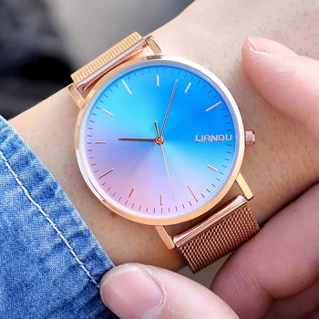 Minimalistyczne, ultra-cienkie damskie zegarki modne kolorowe tarcza ze stali nierdzewnej siatkowy pasek damskie zegarki męskie proste zegarek Kwarcowy