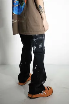 Moda Męska Graffiti Drukowanych Patchwork Denim Flare Jeans Casual Spodnie Hip-Hop Koronki Graffiti Drukowanych Meble Spodnie