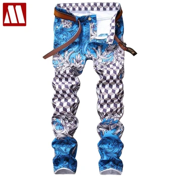 Modny projektant pantalon homme niebieski slim fit, wąskie dżinsy pp modny hip-hop casual spodnie Męskie drukowane komórkowe jeans dla mężczyzn