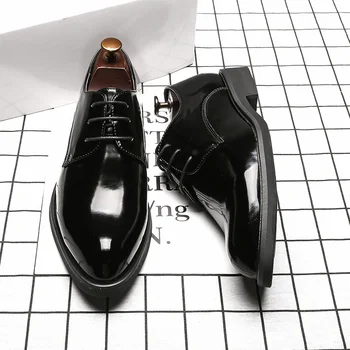 Męska nowa zaostrzony koniec obuwie służbowe buty mężczyźni lustrzana farba skórzane formalne buty sznurowane klasyczny czarny rozmiar UE 38-44