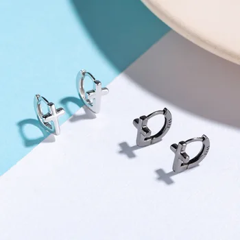Męskie 925 srebro Czarny krzyż mały okrągły koło ucha pierścień kolczyk hip-hop biżuteria obręcze kolczyki dla kobiet
