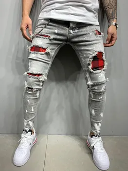 Mężczyźni podarte patchwork jeansy Slim Ggrid Man Jeans ołówek spodnie Lokomotywa denim biegowe Męskie spodnie wysokiej jakości
