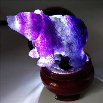 Naturalny fioletowy fluoryt Kryształ kwarc niedźwiedź ręczna rzeźba figurka rzeźba w zwierzętom