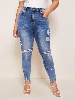 Nowe kobiety podarte paznokcie koralik jeans Vintage Wysoka Talia stretch denim spodnie ołówek plus rozmiar jeans moda odzież Damska S-4XL