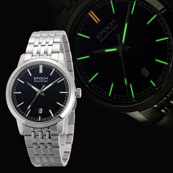 (Nowy) EPOCH 6026G-A stalowy pasek wodoodporny do 50 m tryt świetlówki męskie biznesowe, ultra-cienkie automatyczne mechaniczne zegarki na rękę