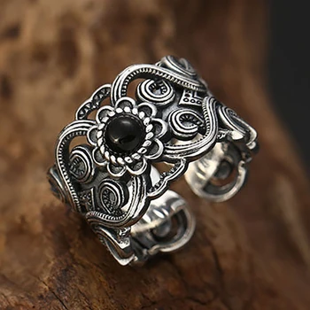 Oryginalny pusty wzór otwarte pierścień projektowe rzemiosło czarny agat kamień elegancki Urok thai srebro biżuteria kobiet