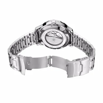 OUYAWEI Silver Stainless Steel Band wodoodporne męskie zegarek mechaniczny zegarek Top Brand luksusowe przezroczyste mechaniczne męskie zegarki