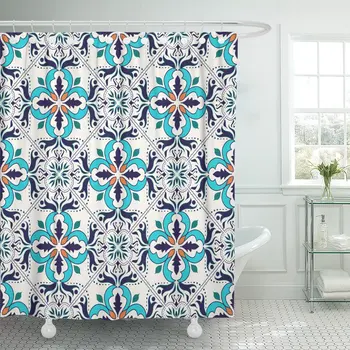 Piękny kolorowy wzór i portugalska płytki Azulejo Talavera marokański zasłona do prysznica poliester 60 x 72 cm zestaw z haczykami